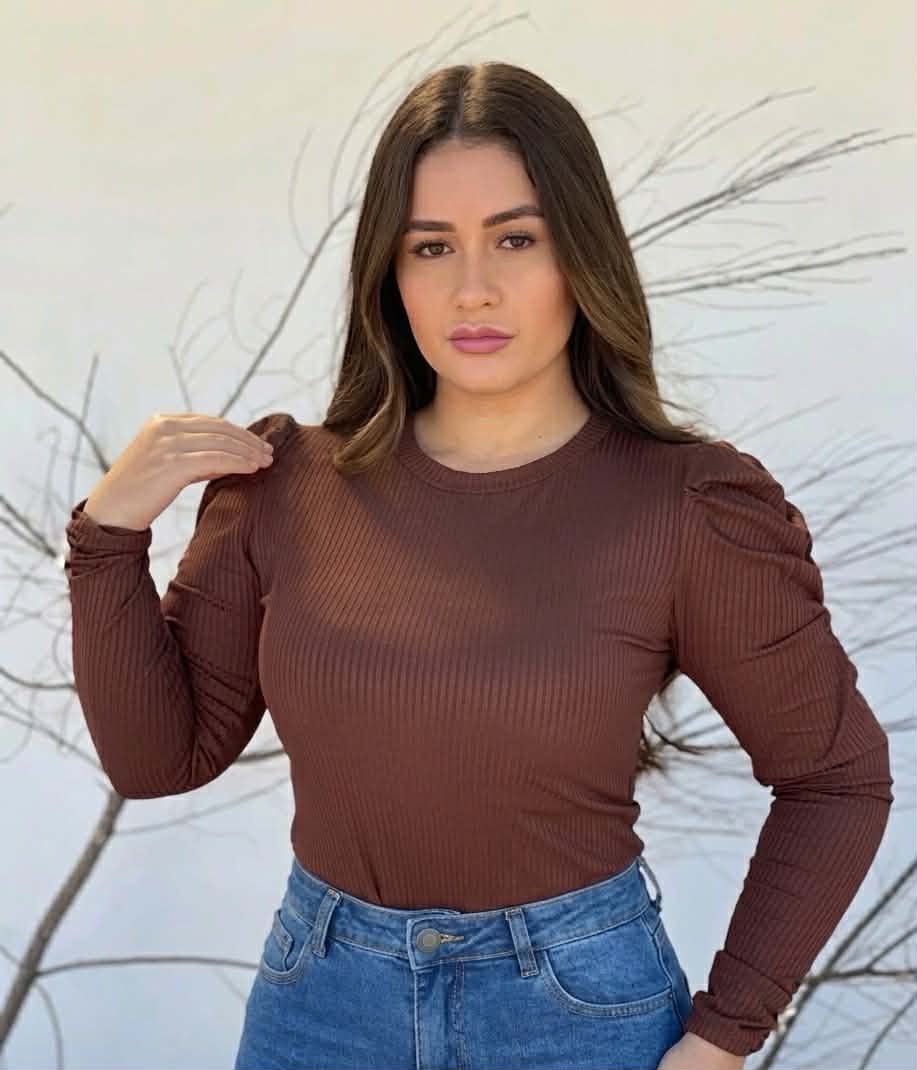 Pull Côtelé Ajusté Manches Bouffantes